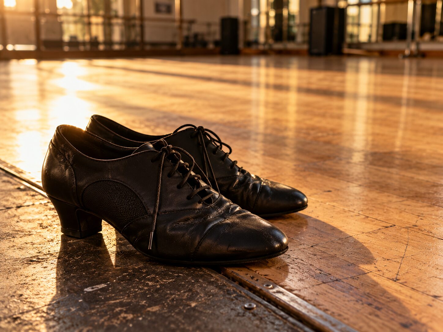 Chaussures de danse posées au bord d'une piste en bois